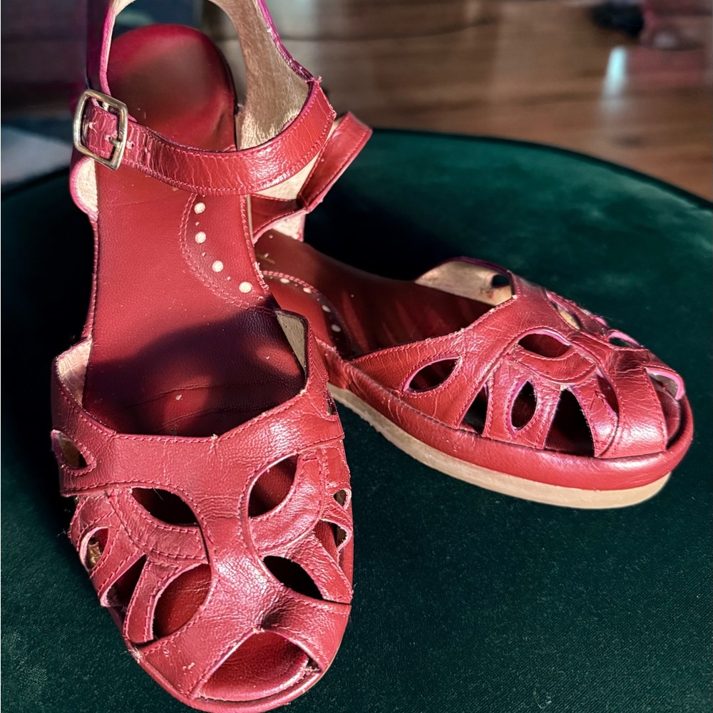 Red Women's Leather Cutout Sandals with Ankle Strap